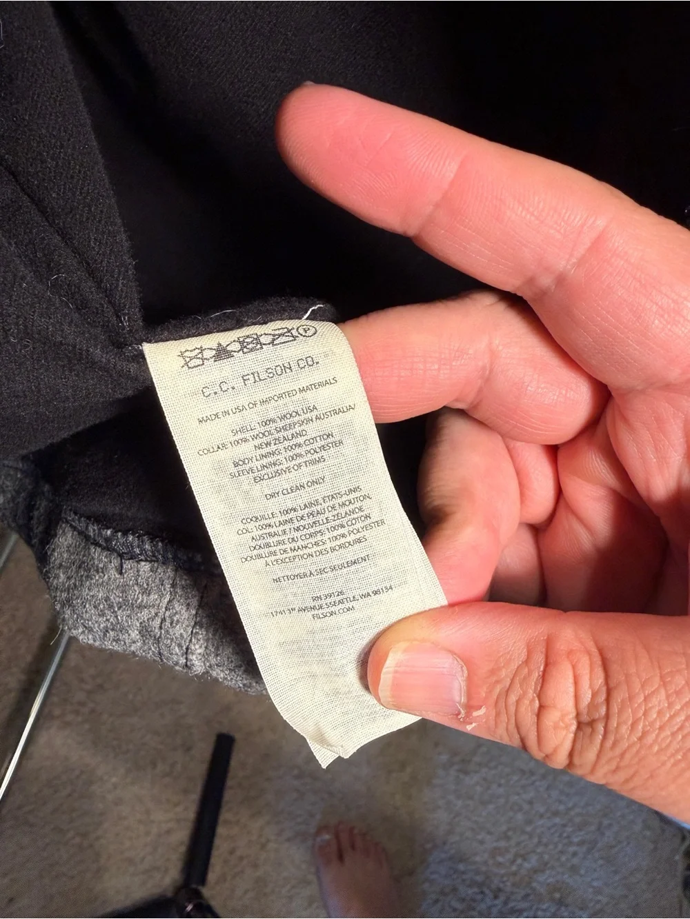 FILSON - Lined Mackinaw Wool Packer Coat in Black / Charcoal / Rust, Men’s 3XL